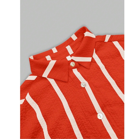 Red with White Stripes Oversized Button Down Shirt Long Sleeve - Picture 6 of 7